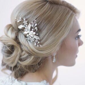 Silver bridal head piece.  Head comb style with pearls.